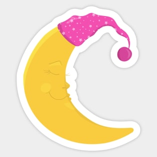 Sleeping Moon, Cute Moon, Yellow Moon, Nightcap Sticker